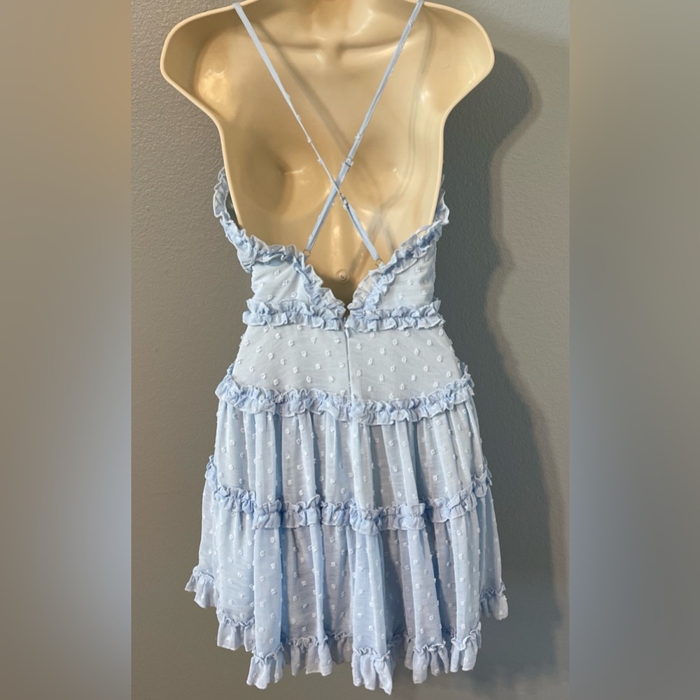 Edite Mode Blue Swiss Dot Tiered Mini Dress Ruffle Babydoll Coquette Party Small - Picture 6 of 13
